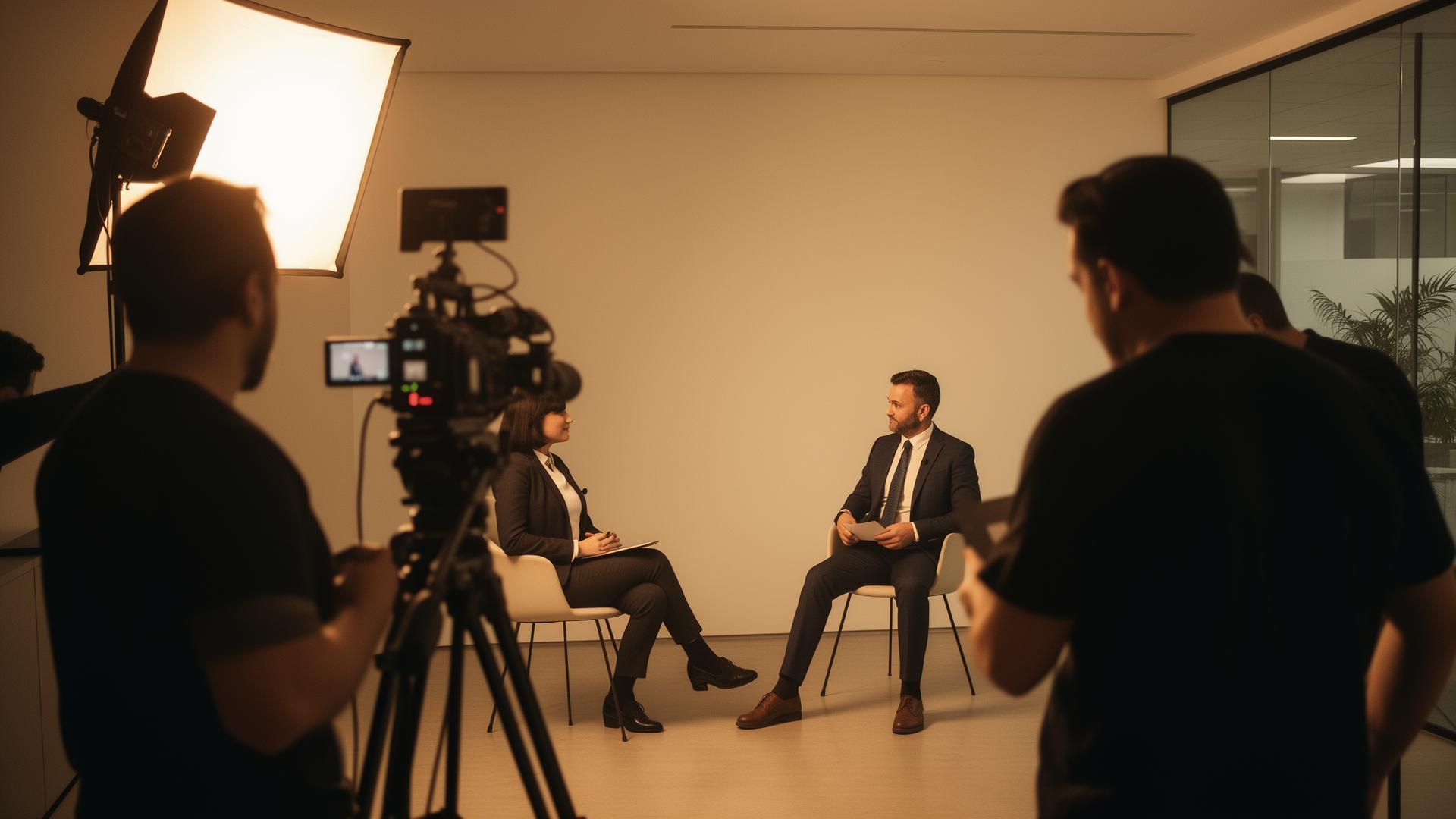 Filmēšanas process — kamera, gaisma un intervija ar uzņēmēju studijā